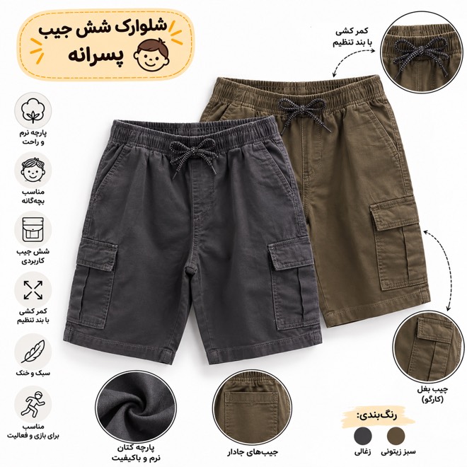 شلوارک کتان کارگو شش جییب مناسب نوجوان